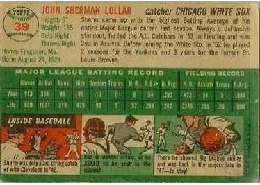 1954 Topps #39 Sherm Lollar (back)