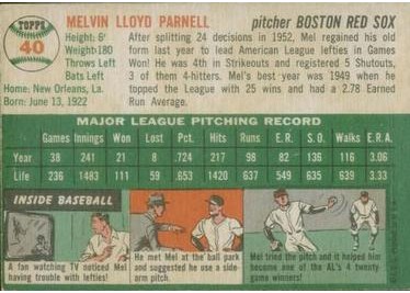 1954 Topps #40 Mel Parnell (back)