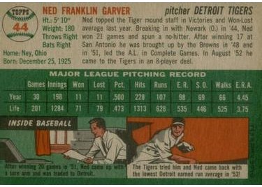 1954 Topps #44 Ned Garver (back)