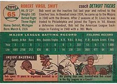 1954 Topps #65 Bob Swift (back)