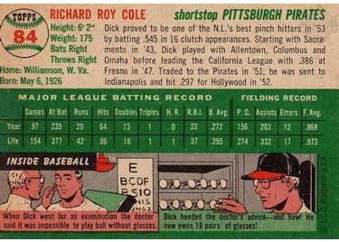 1954 Topps #84 Dick Cole (back)