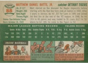 1954 Topps #88 Matt Batts (back)