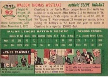 1954 Topps #92 Wally Westlake (back)