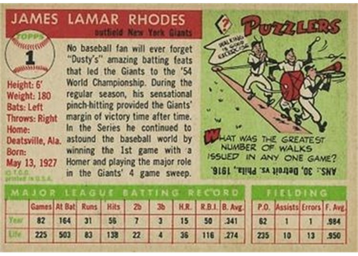 1955 Topps #1 Dusty Rhodes (back)