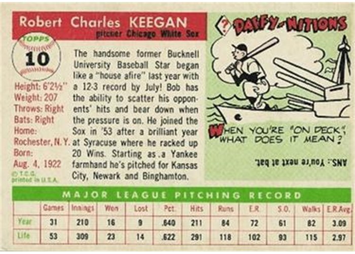1955 Topps #10 Bob Keegan (back)