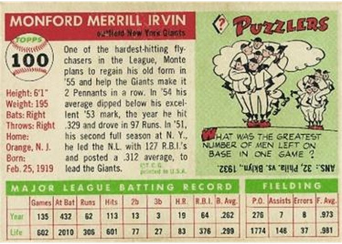 1955 Topps #100 Monte Irvin (back)