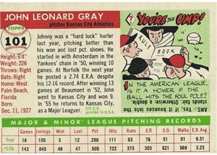 1955 Topps #101 Johnny Gray (back)
