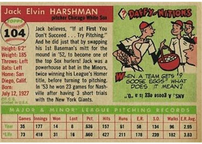 1955 Topps #104 Jack Harshman (back)