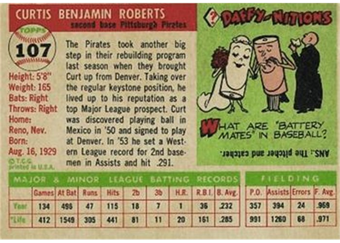 1955 Topps #107 Curt Roberts (back)