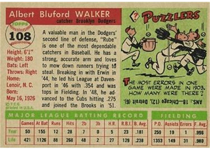 1955 Topps #108 Rube Walker (back)