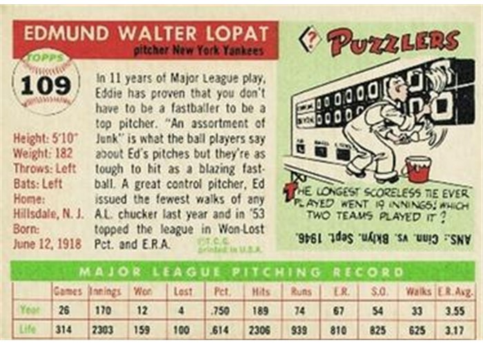 1955 Topps #109 Ed Lopat (back)
