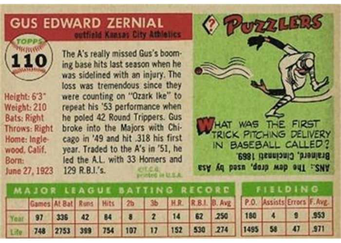 1955 Topps #110 Gus Zernial (back)