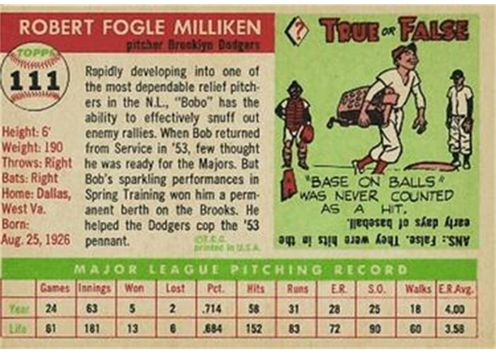 1955 Topps #111 Bob Milliken (back)