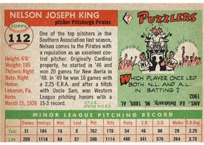 1955 Topps #112 Nellie King (back)