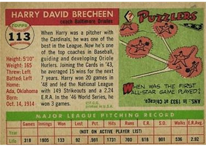 1955 Topps #113 Harry Brecheen (back)