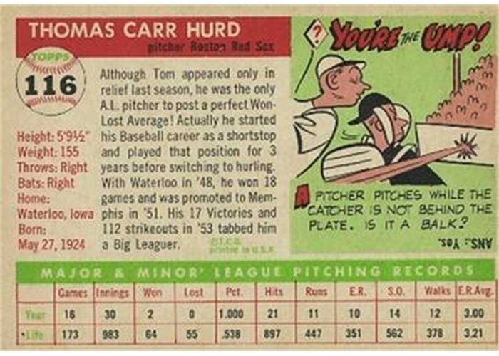 1955 Topps #116 Tom Hurd (back)
