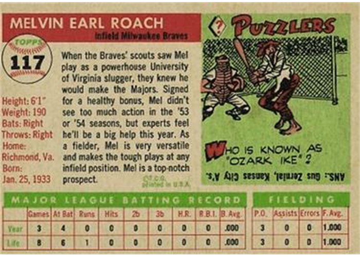 1955 Topps #117 Mel Roach (back)