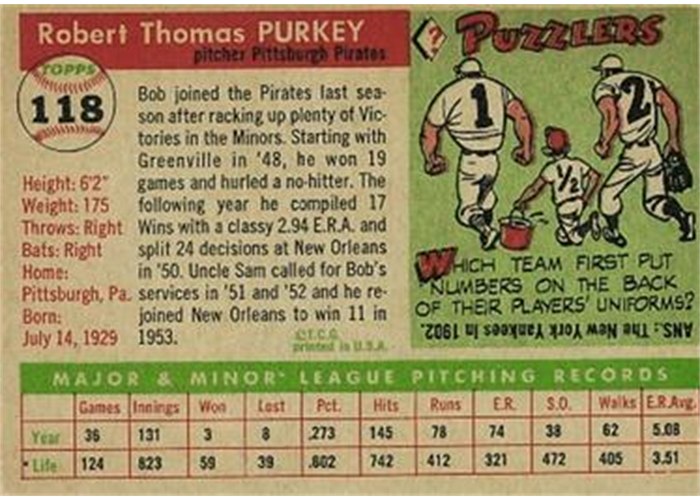 1955 Topps #118 Bob Purkey (back)