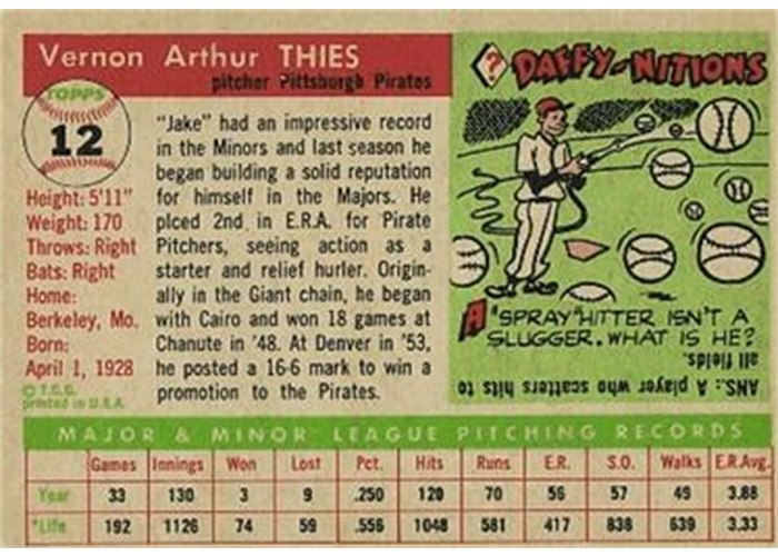 1955 Topps #12 Jake Thies (back)