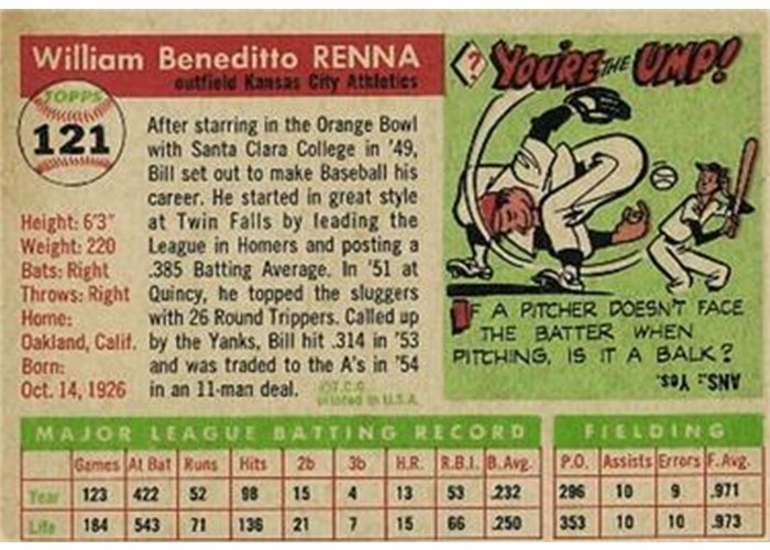 1955 Topps #121 Bill Renna (back)