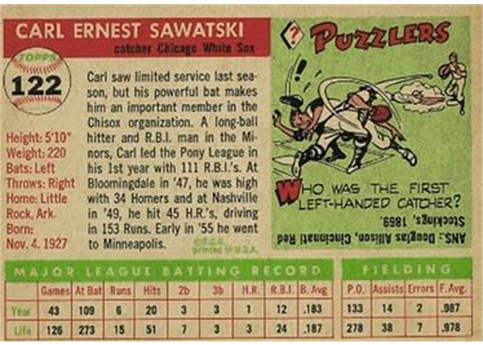 1955 Topps #122 Carl Sawatski (back)
