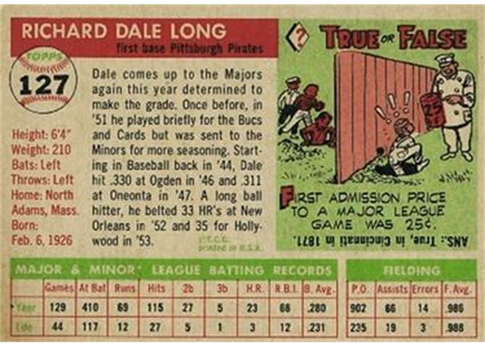 1955 Topps #127 Dale Long (back)