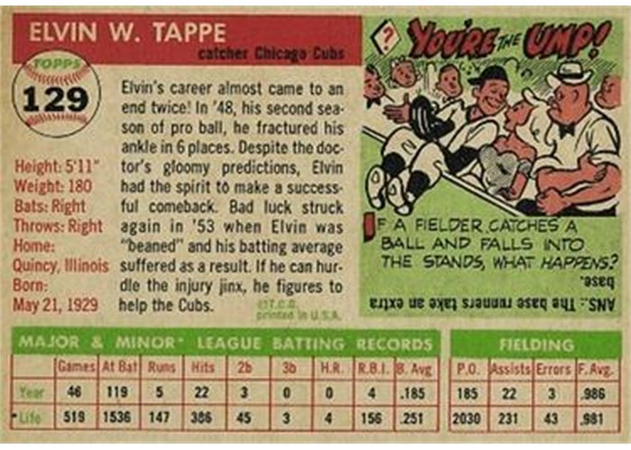 1955 Topps #129 Elvin Tappe (back)