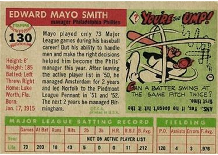 1955 Topps #130 Mayo Smith (back)