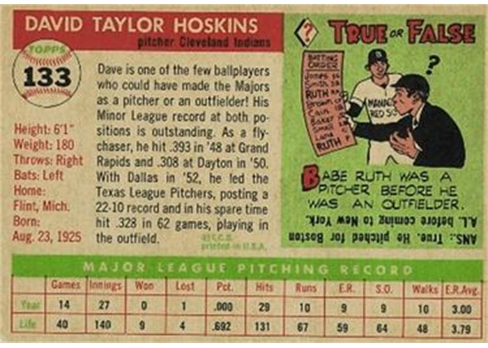 1955 Topps #133 Dave Hoskins (back)