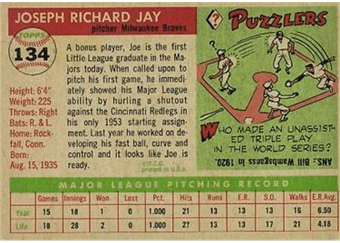 1955 Topps #134 Joey Jay (back)