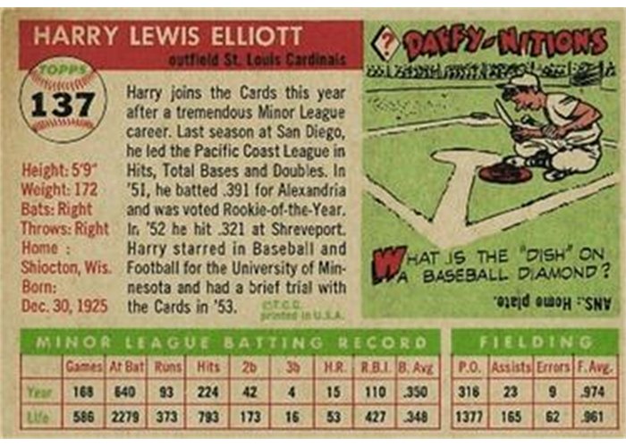 1955 Topps #137 Harry Elliott (back)