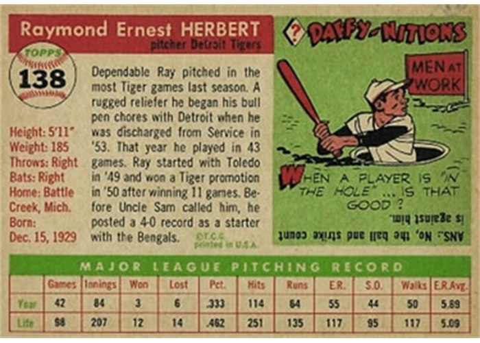 1955 Topps #138 Ray Herbert (back)