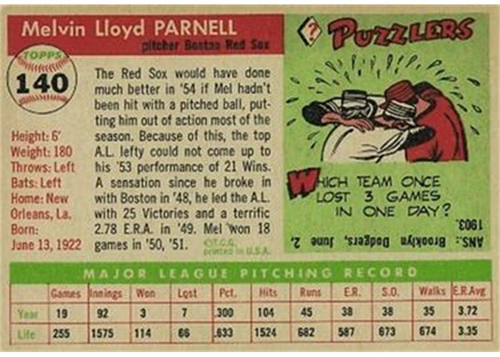 1955 Topps #140 Mel Parnell (back)