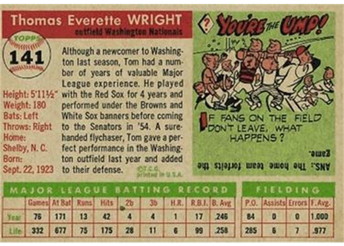 1955 Topps #141 Tom Wright (back)