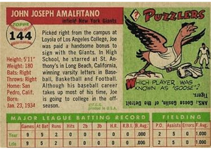 1955 Topps #144 Joey Amalfitano (back)