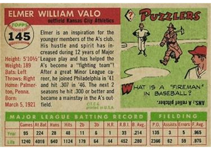 1955 Topps #145 Elmer Valo (back)