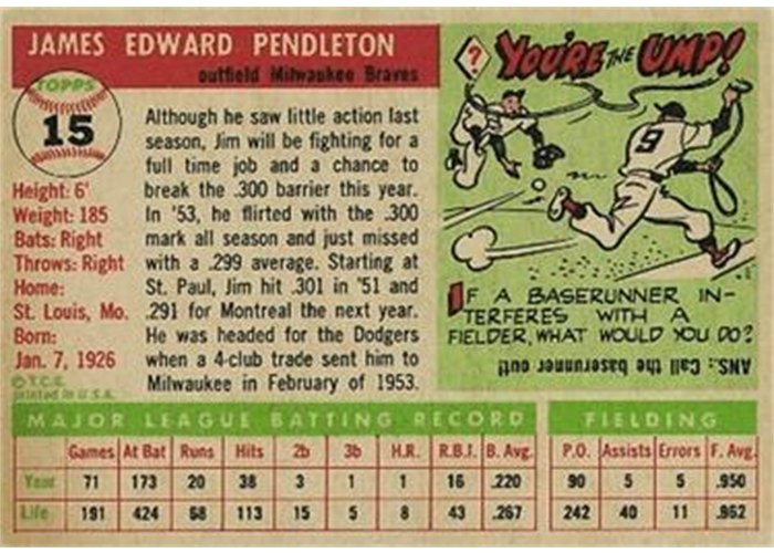 1955 Topps #15 Jim Pendleton (back)