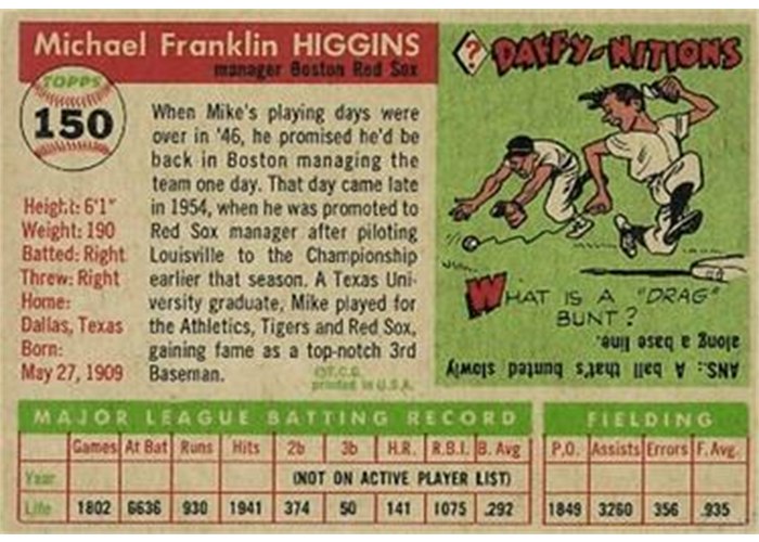 1955 Topps #150 Pinky Higgins (back)