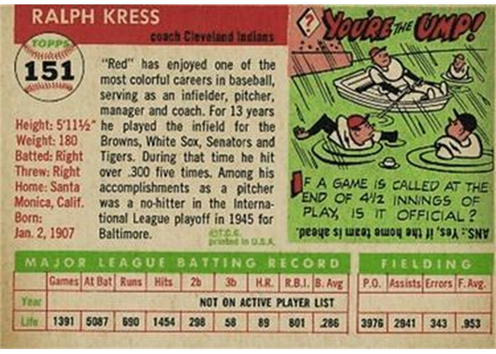1955 Topps #151 Red Kress (back)