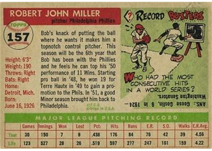 1955 Topps #157 Bob Miller (back)