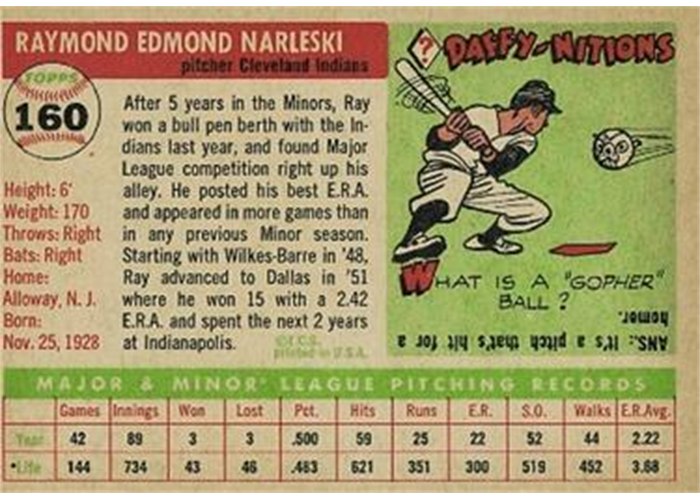1955 Topps #160 Ray Narleski (back)