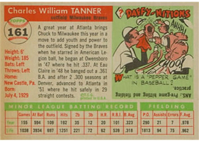1955 Topps #161 Chuck Tanner (back)