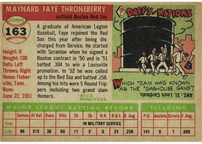 1955 Topps #163 Faye Throneberry (back)