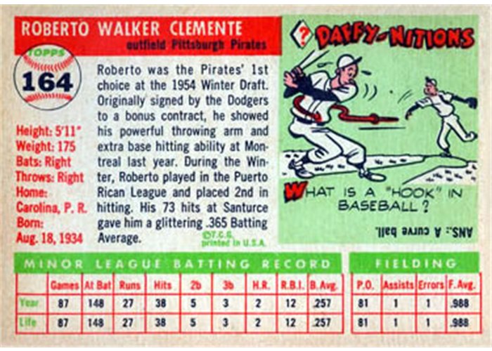 1955 Topps #164 Roberto Clemente (back)