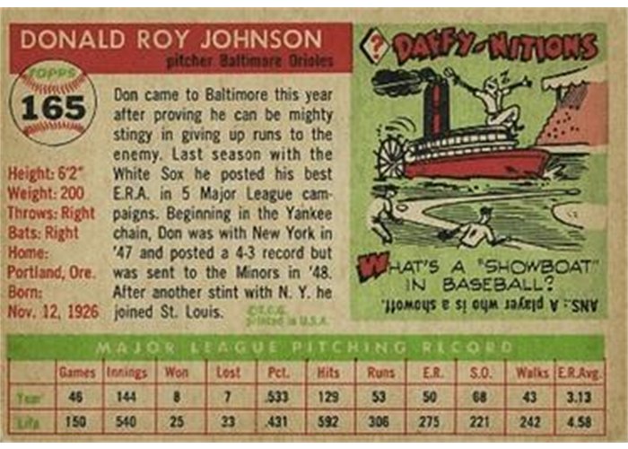 1955 Topps #165 Don Johnson (back)