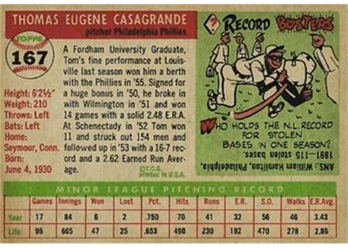 1955 Topps #167 Tom Casagrande (back)