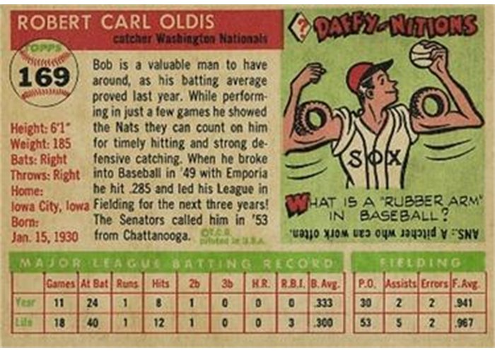 1955 Topps #169 Bob Oldis (back)