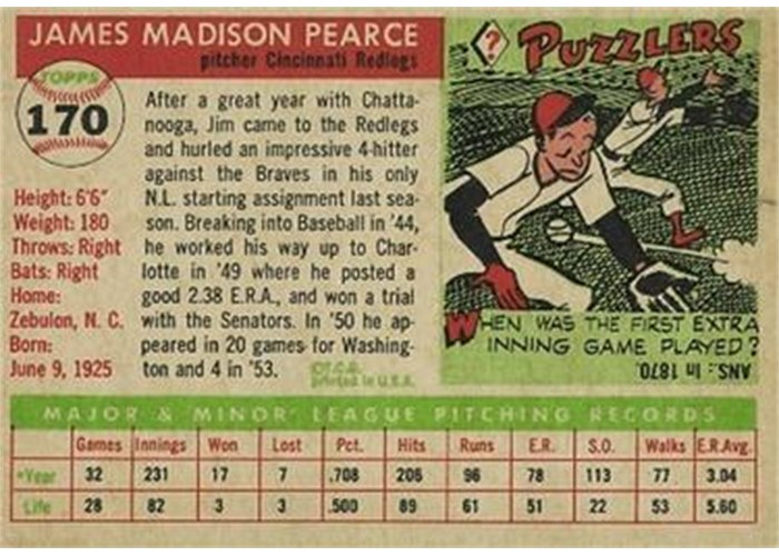 1955 Topps #170 Jim Pearce (back)