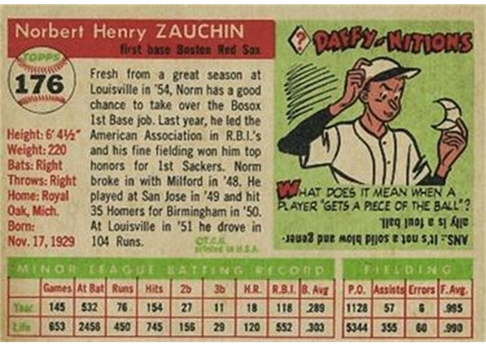 1955 Topps #176 Norm Zauchin (back)