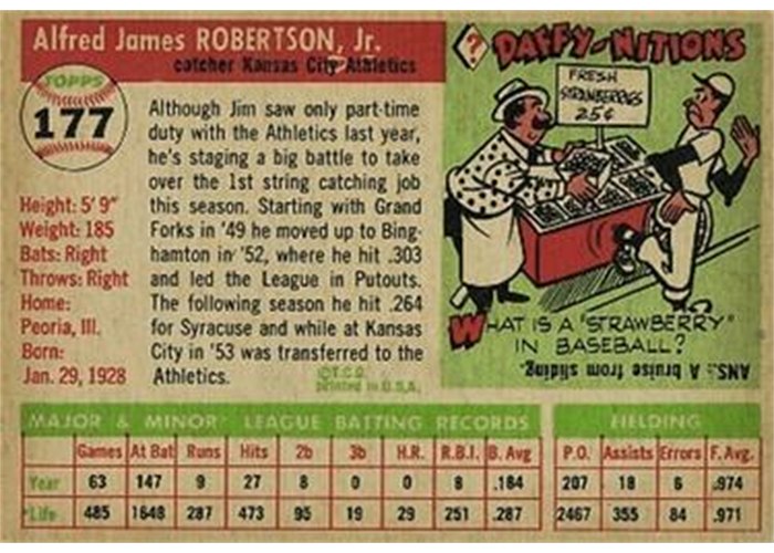 1955 Topps #177 Jim Robertson (back)